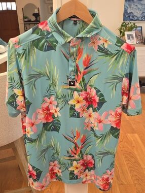 Bad Birdie Men's Aqua Tropical Floral Golf Polo with Pink & Coral Accents (M)